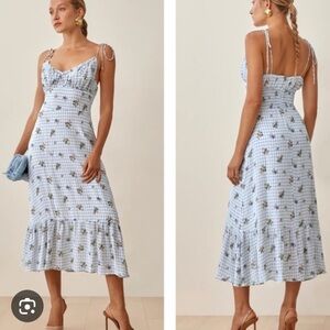 Blue Gingham Floral Midi Dress with Tie Straps